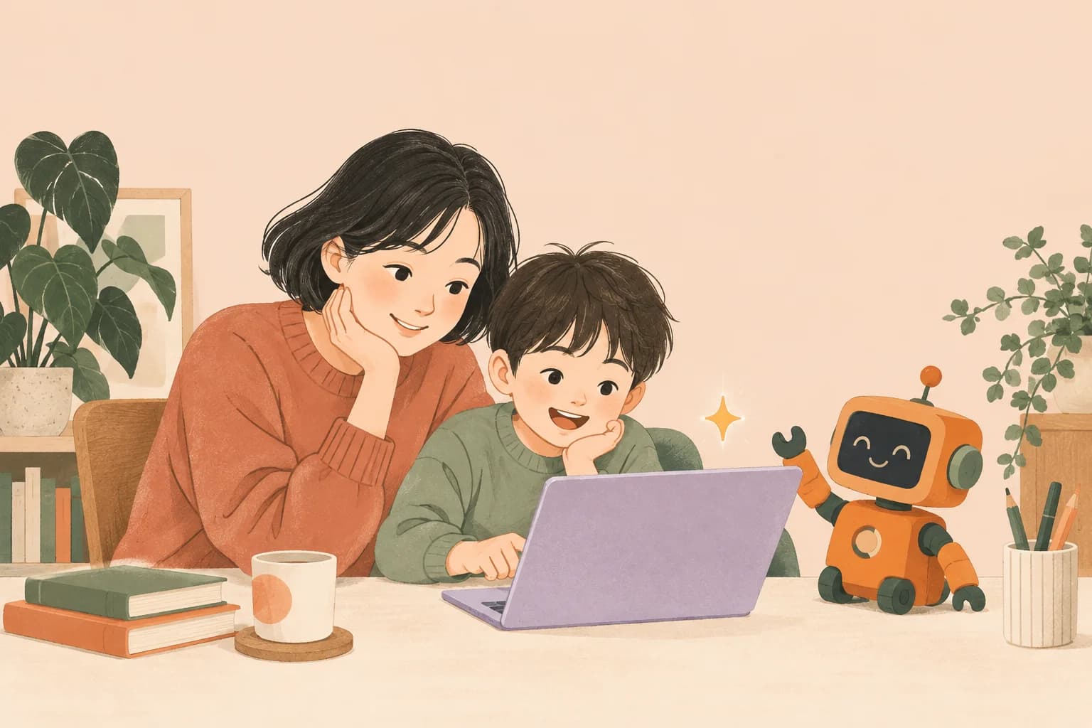 책과 노트북 앞에서 AI를 함께 배우는 부모와 아이, 작은 로봇